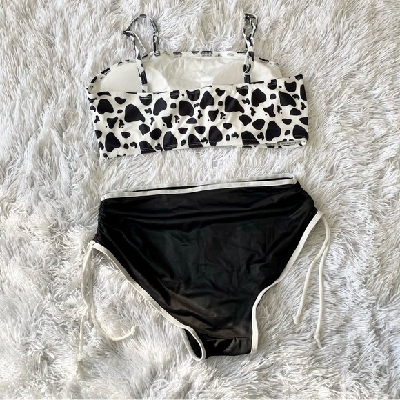 NWOT Cow Print High Waisted Bandeau Scrunch Bottom Bikini Black White - Picture 7 of 13